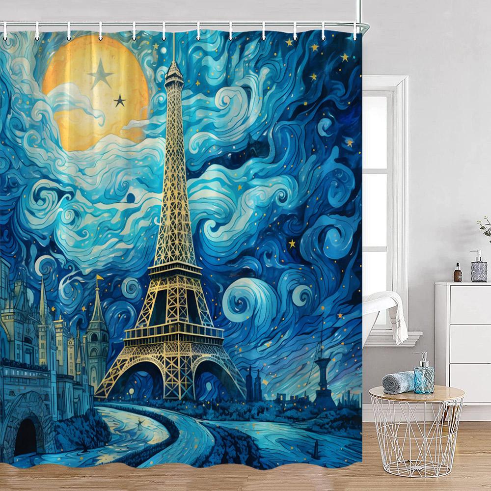 

Модные шторки для душа с Эйфелевой башней, вид на европейский город, эстетичная занавеска для ванной, полиэстеровая ткань, украшения для ванной для дома 90x180cm-35x70in
