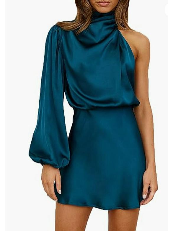 

2026 Spring Women s Satin One-Shoulder Mini Dress with Long Sleeves Small peacock синього кольору