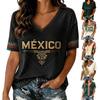 Damen Mexikanisches V-Ausschnitt T-Shirt mit Fußball-Print Kurzarm Top
