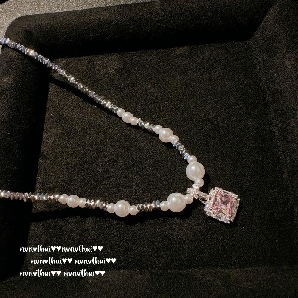 Flower Fairy Sugar Cube Gem Pearl Shredded Silver Necklace, Papalacha, Argyle Pink Flower Zircon Earrings