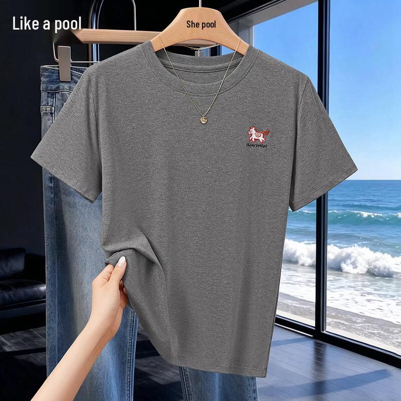 Women s Cartoon Embroidered Round Neck Short Sleeve T-Shirt ONESIZE