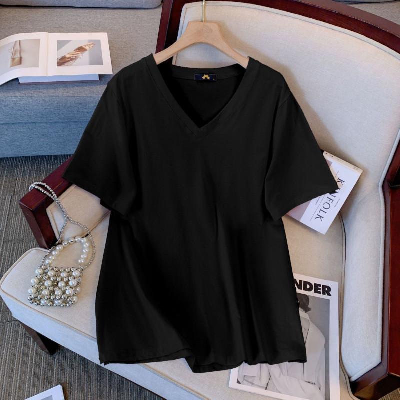 Women's Plus Size T-Shirt Summer Cotton Short Sleeve Loose V-Neck Top