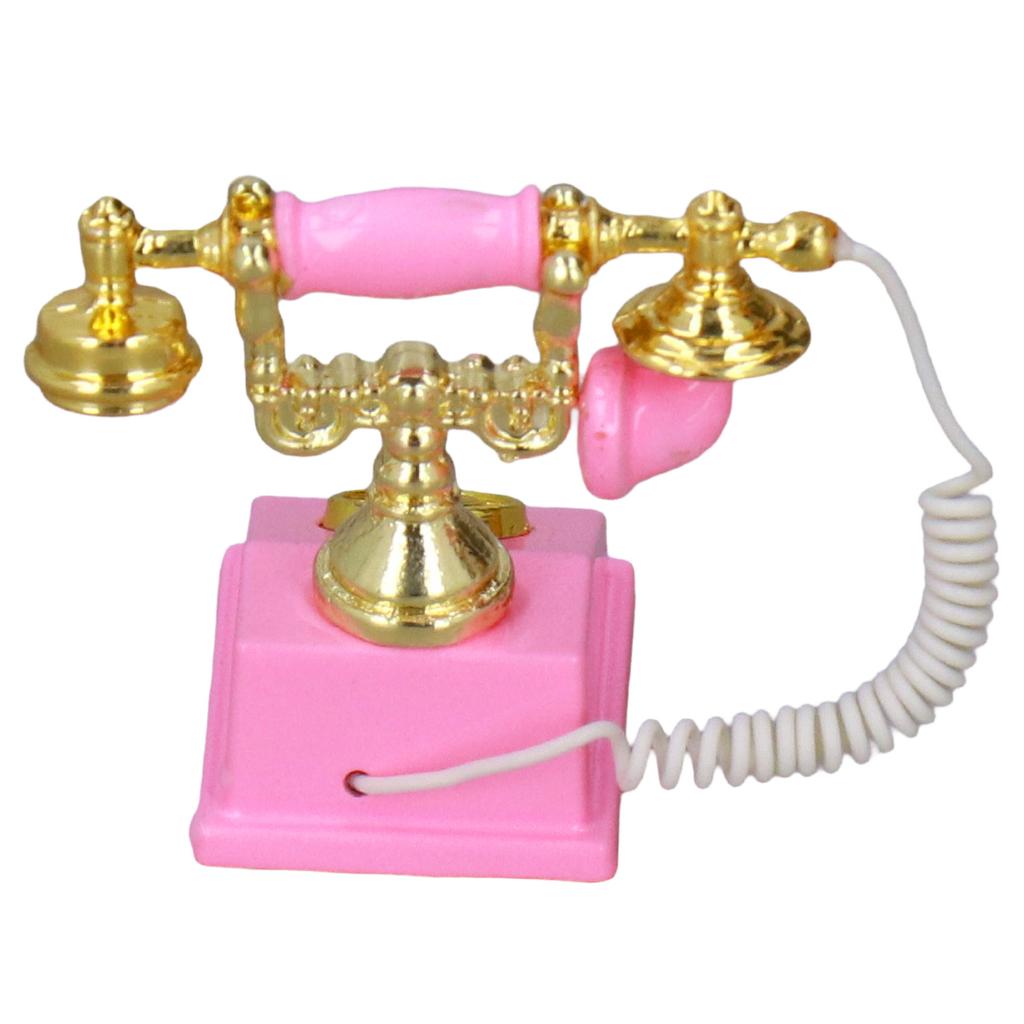 Dollhouse Mini Phone Model Retro Simulation European Vintage Phone Model Decoration for 1:12 Dollhouse Pink