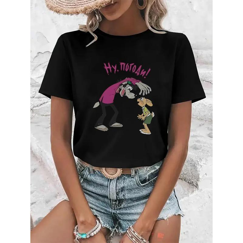 Women's Funny Russian Text Print T-Shirt Casual Short Sleeve Comfort Fit Tee for Gym Party Daily