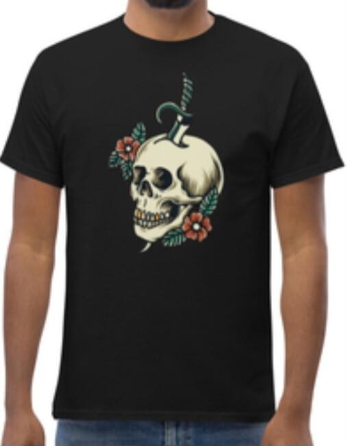Edgy Gothic Skull Stabbed With Dagger And Roses Graphic T-shirt S разноцветный