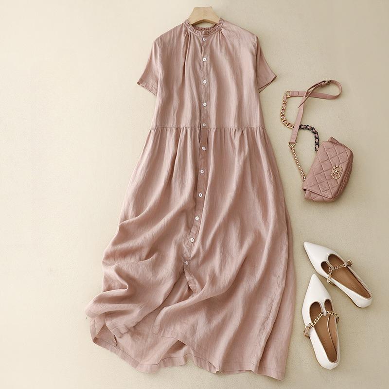 Summer New Cardigan Long Skirt Wind Cotton Linen Short Sleeved Dress