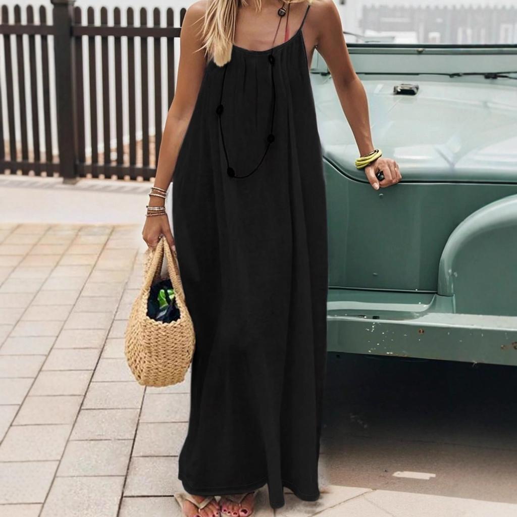 Women's Brown Strappy Long Dress High Slit Adjustable Tie