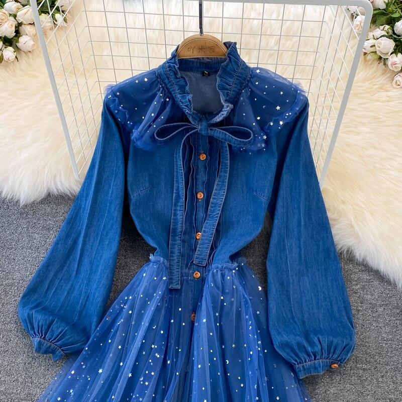 Thin Ripening Wind White Neckline Lace Lace Gauze Patchwork High-end and Slim Hemline Dress