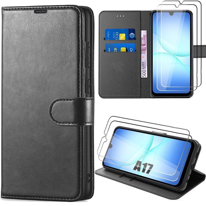 Coque de Protection - BOOLING - Samsung Galaxy A17 5G/4G - Rabat Synthécuir Noir - 2 Verres Trempés