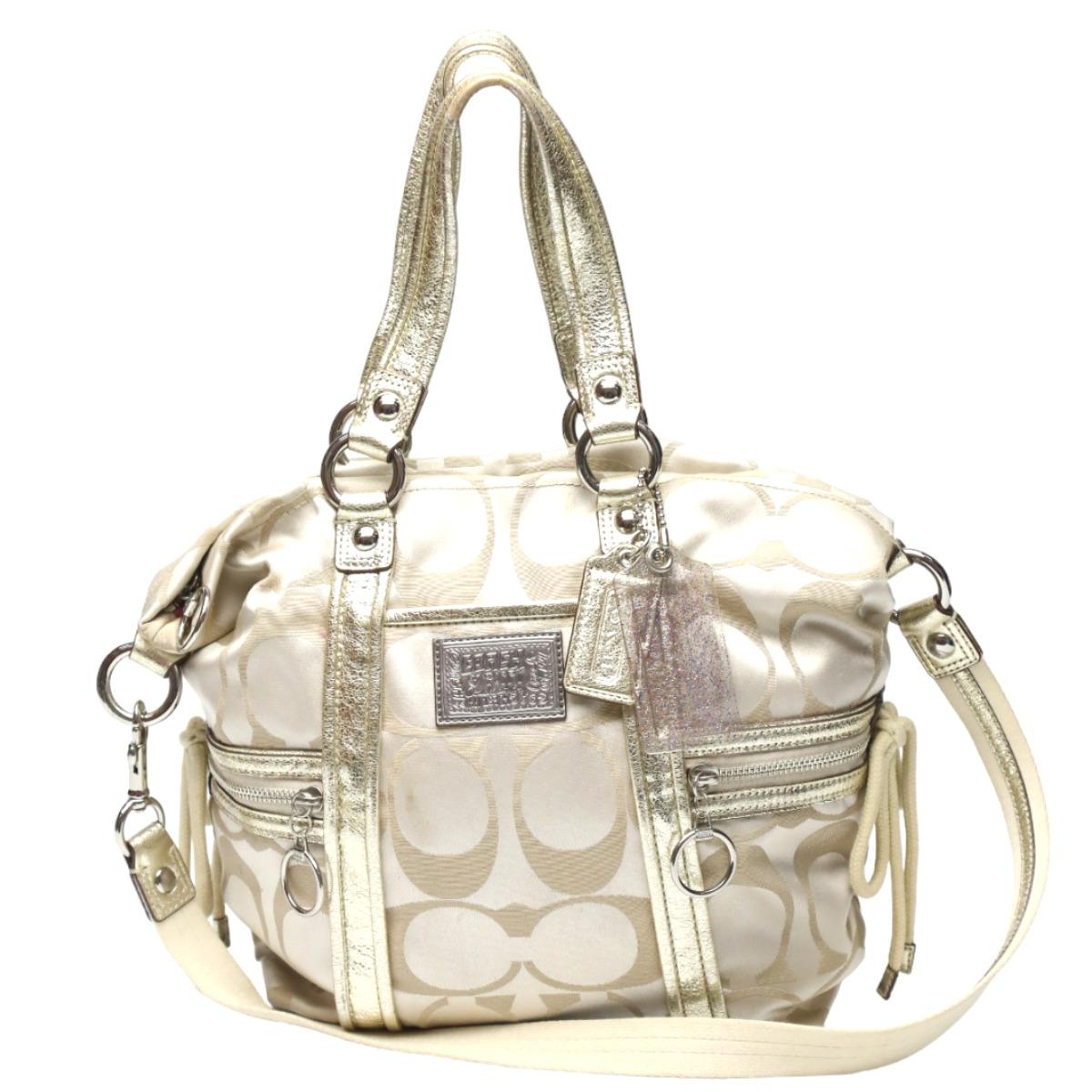 

COACH Signature Poppy Satin Spotlight Tote Bag leather Beige x Gold Women 13843 Used