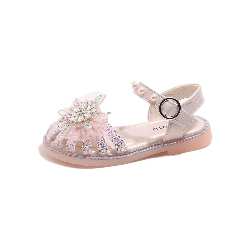 

Girls sandals new style summer baby girl pearl little girl bowknot soft bottom princess shoes toe-covering crystal shoes 24