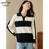 Women's Striped Color Block Knitted Sweater with Lapel Collar