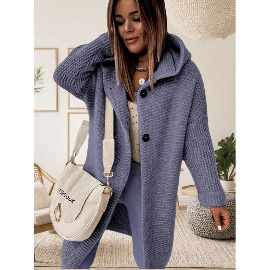 Cardigan for Women Autumn Fashion Button Front Casual Plain Long Sleeve Knit Loose Daily Long Hooded Cardigan Outerwear
