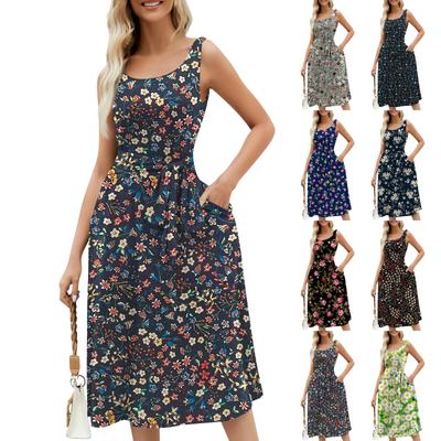 Γυναικείο Καλοκαιρινό Φόρεμα Παραλίας Άνετο Φαρδύ Στρογγυλή Λαιμόκοψη Αμάνικο Μήκος Μέχρι τη Μέση Α-γραμμής Φλοράλ Μοτίβο Δέσιμο με Κορδόνι Τσέπη Φόρεμα Γιλέκο
