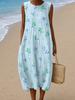 Sleeveless dress 26 new shrink pleated large version loose casual round neck digital printing - bamboo hemp