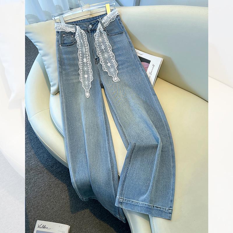 

Женские кружевные джинсы с высокой талией и широкими штанинами - Лето 2025 Ретро Свободная Драпирующая Посадка 29/XL: For 115-125 jin светло-синий