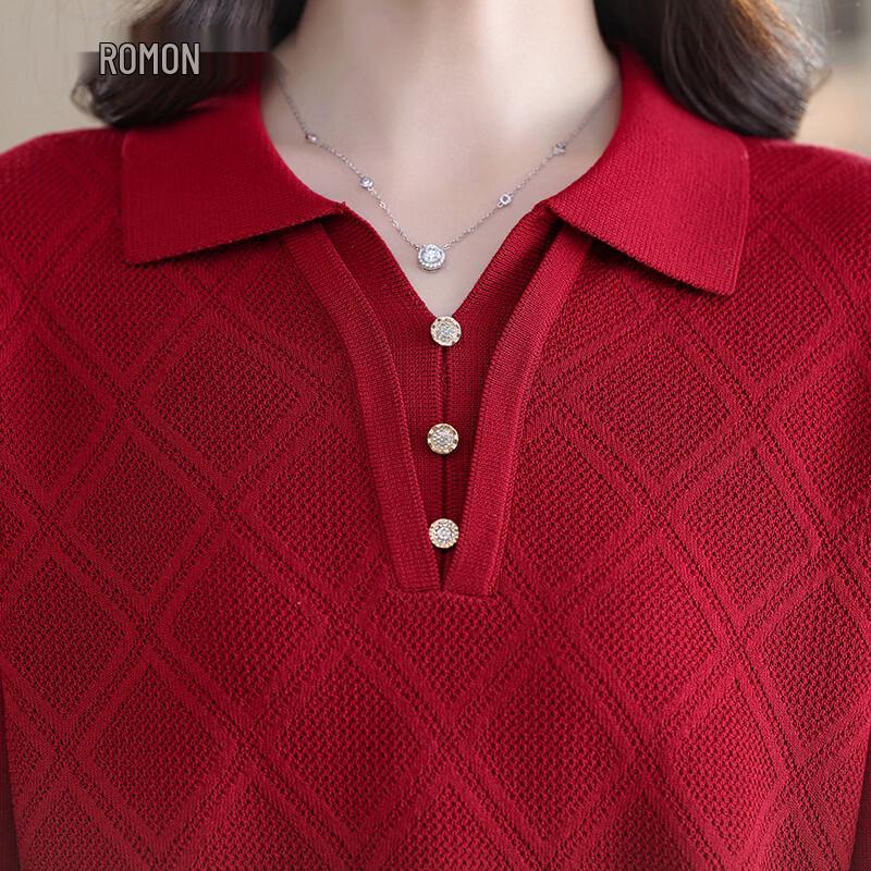 Rommon Women's Diamond Pattern Lapel Knit T-Shirt