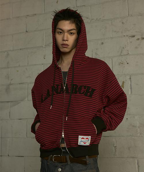 Lanarchive [0116] Logo Applique Stripe Zip-Up Hoodie - Red