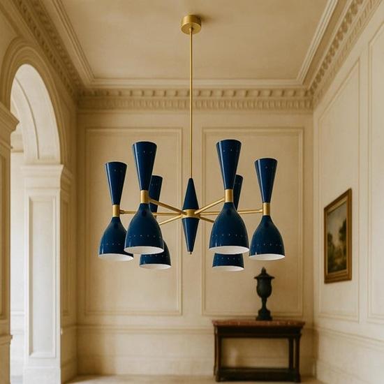 Blue Cone Chandelier Mid Century Modern Italian Style Ceiling Lamp  6 Cones