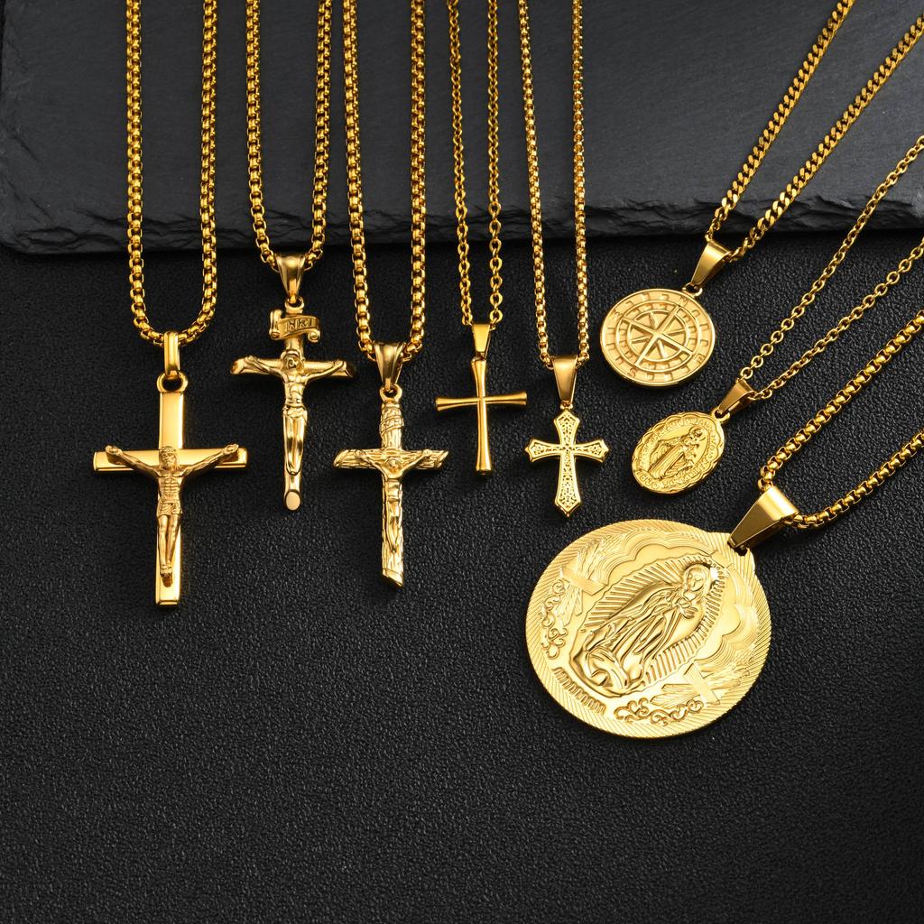 Men's Stylish Gold Color Necklace, Stainless Steel Geometric Cross Pendant Necklace, Vintage Fashion Jewelry Gift To Father