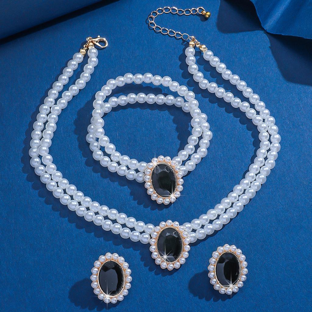 3 pcs Luxury-lite style short pearl imitation earrings and necklace, green turquoise bead string, ethnic style fashionable set