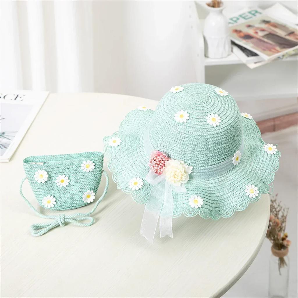 New Summertime Cute Children Straw Hat + Handbag Bag Girls SummerOutdoor Beach Cap Cute Bow Travel Beach Sun HatCrossbody Bag