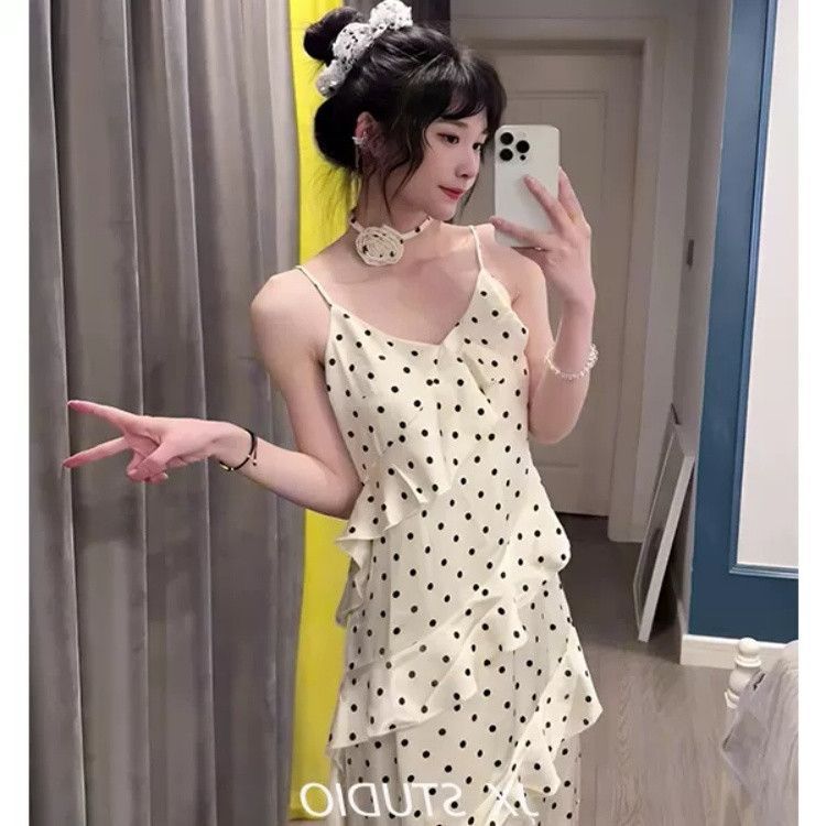 New French sexy temperament ruffle leaf edge splicing polka dot suspender dress women's summer pure desire spice girl long dress tide
