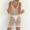 Women Summer Casual Loose Beach Cover Up Dress Hollow Knit Split Hem Sleeveless Crochet Swimwear Cover Up Dress for Beach Pool