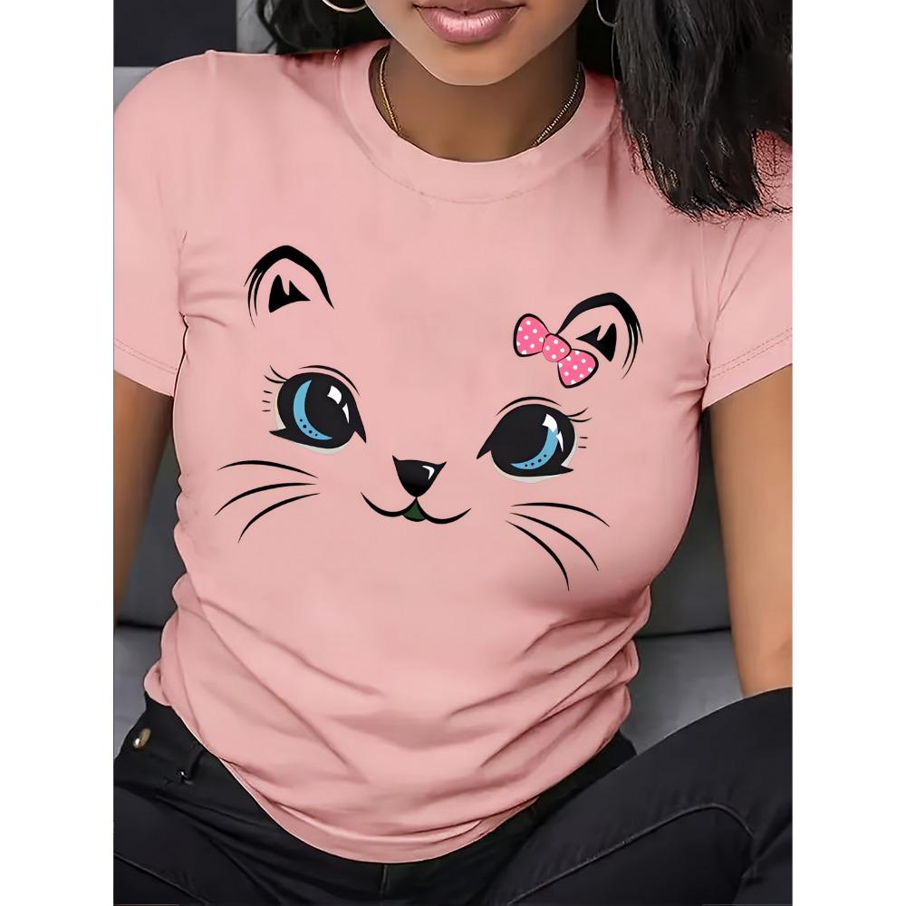 Women's Casual Cat Print T-Shirt - Soft Stretchy Crew Neck Short Sleeve Top