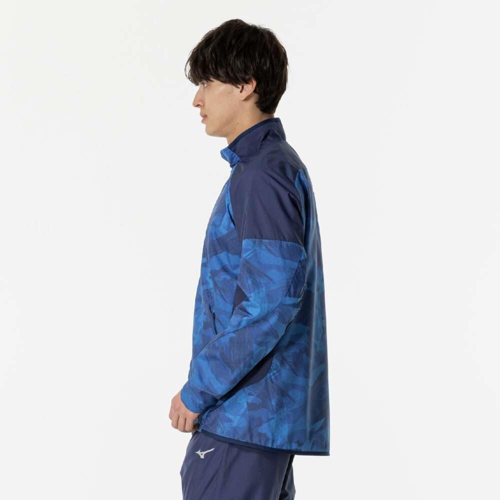 Mizuno Breath Thermo Warmer Training Pageant Blue Jacket, Moisture-Wicking, Water-Repellent, Windproof, Brushed, 32MEB541, Men's,