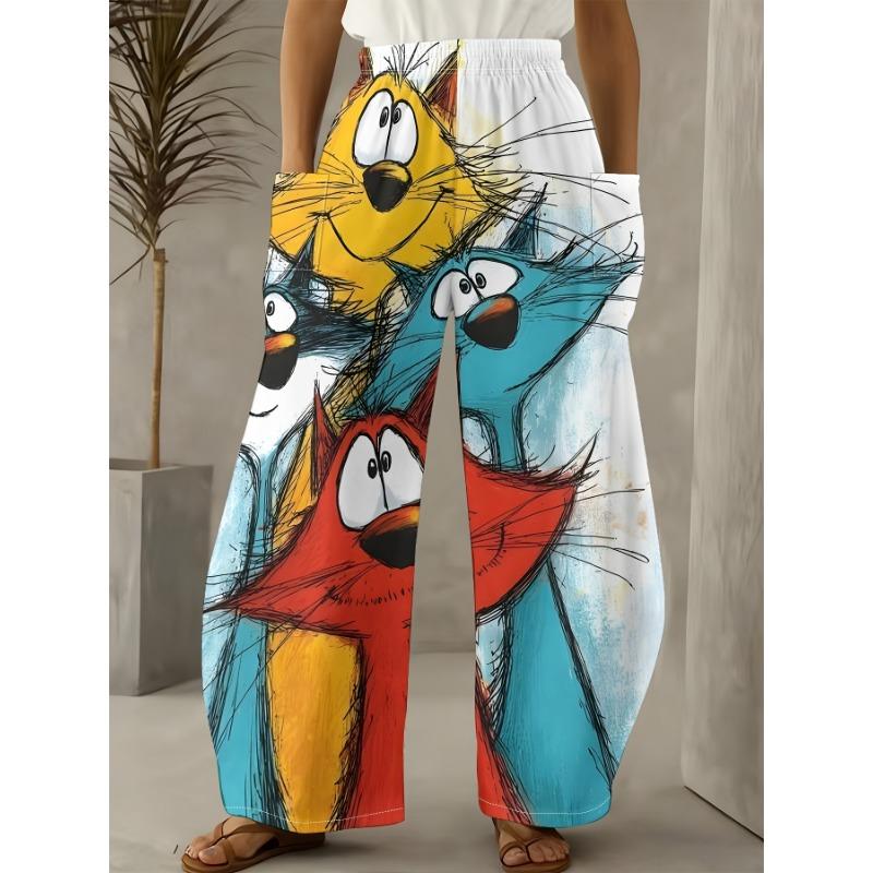 Elegante Damen-Hose mit weitem Bein und doppelten Taschen - Bunter Hundeprint, Lässige Damen-Hose