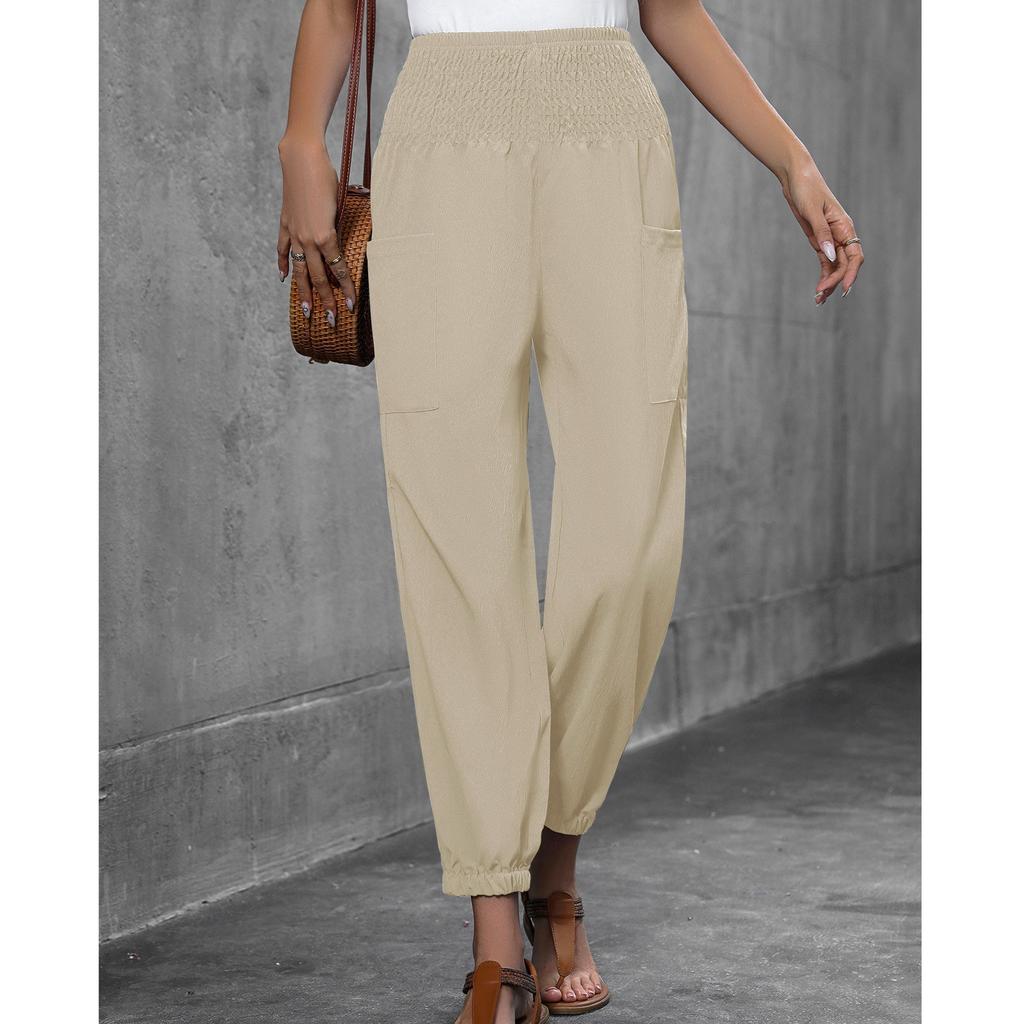 Women's Casual Loose Solid Color Pocket High Waisted Pants, Casual Pants, Leg Binding Pants