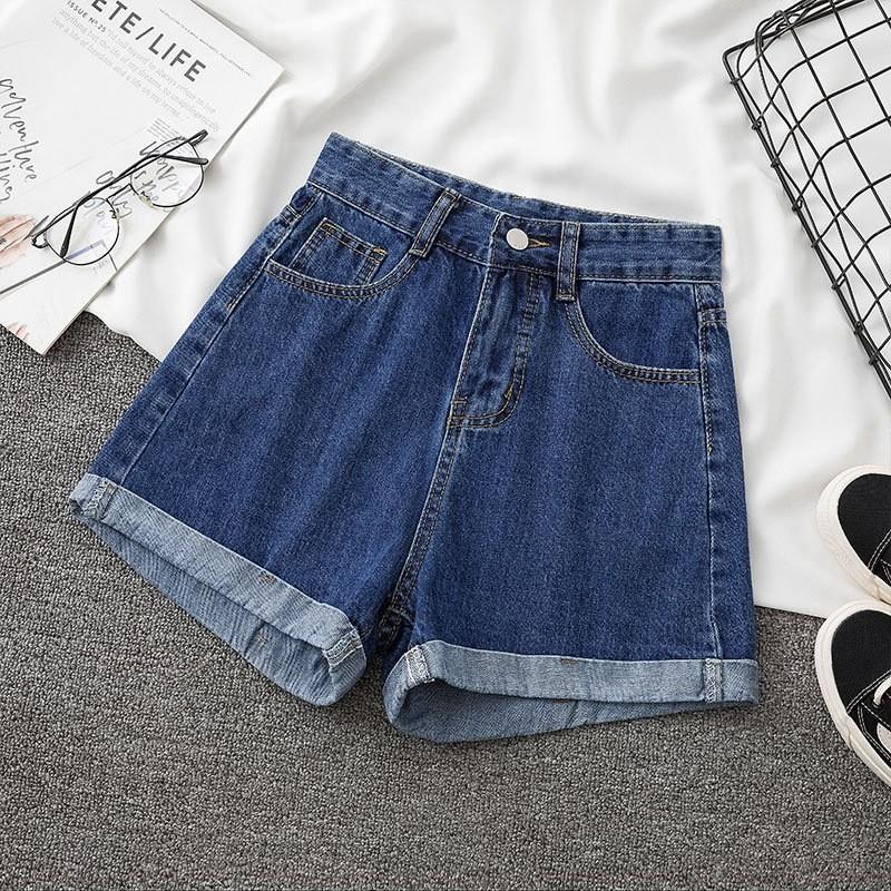 Basic-Baumwoll-Denim-Shorts für Damen, Sommer, hoher Bund mit umgeschlagenen Kanten, Freizeitkleidung