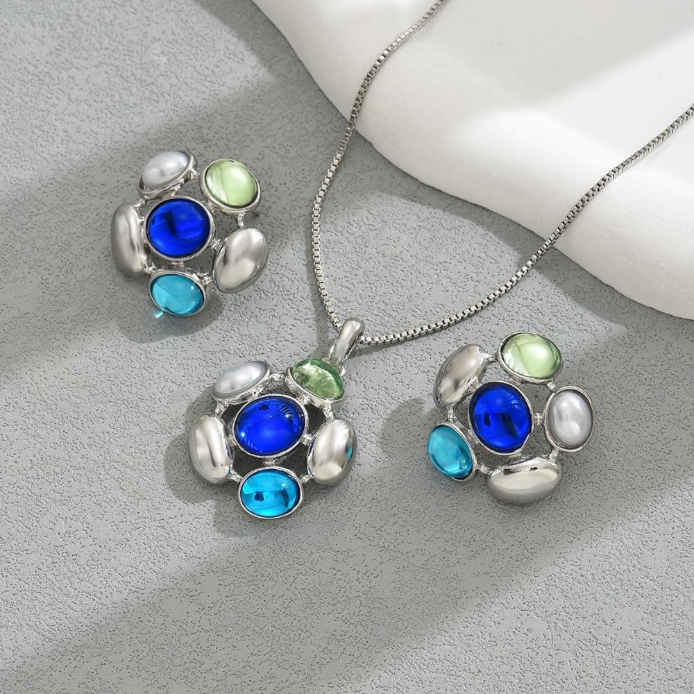 

Pearl Crystal Earrings Geometric Earrings Necklace Set Elegant Rhinestone Necklace Wedding Style A