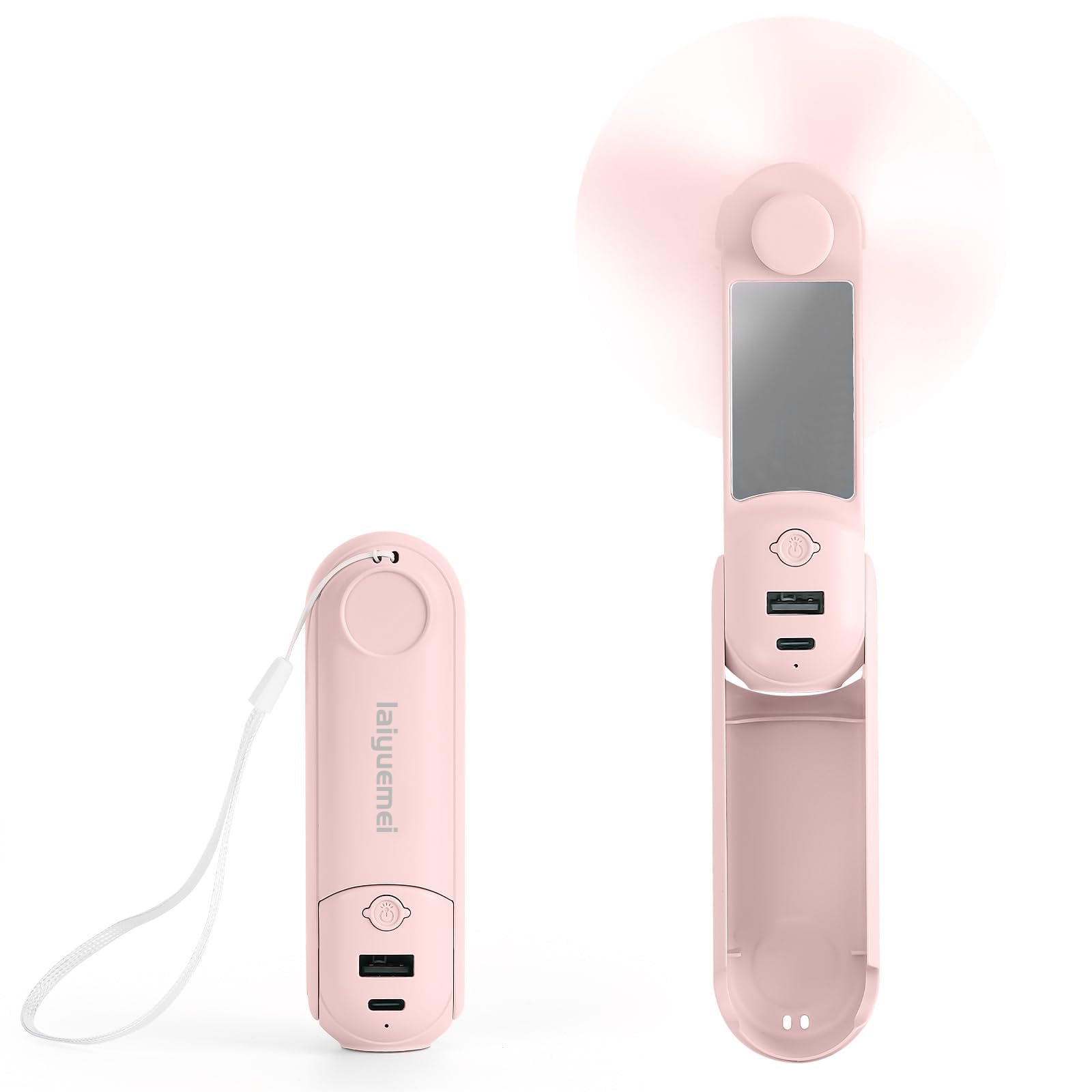 

Portable Handheld Stand Mirrors Mobile Portable Fan with Smartphone Rechargeable 3200mAh USB Three Desk Travel Summer Essential [2024 Model] 5-in-1 рожевий