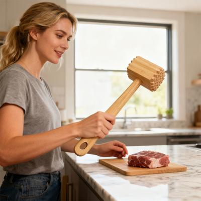 Meat Hammer Double-sided Bamboo Meat Tenderizer And Softener Long Handle Kitchen Tool with Hanging Hole