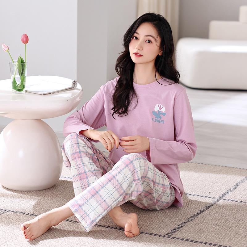 Reine Baumwolle Pyjama Damen Frühling Langarm Rundhals Große Größen Baumwolle Damen Loungewear Set