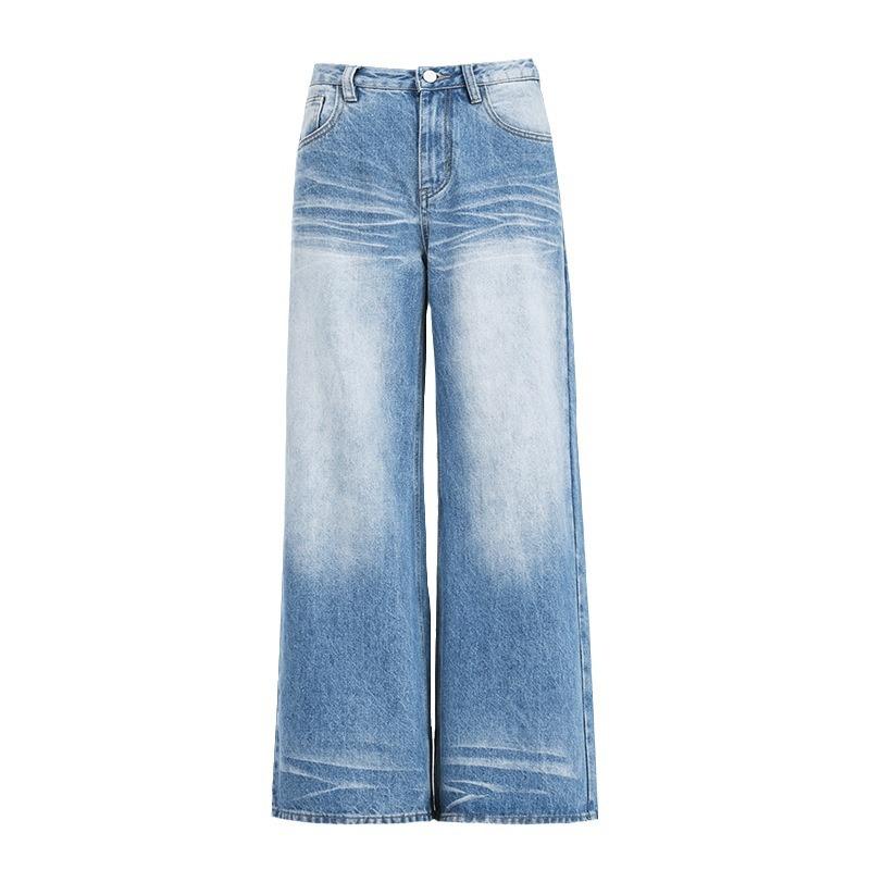 Retro washed low-rise wide-leg jeans women's spring and autumn new American Spice Girl crease old mopping pants
