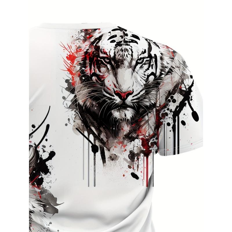 Fashion Men's T-Shirt 3D Ink Splash Tiger Print Short Sleeve Round Neck Casual Graphic Tee Streetwear Top Summer Clothes Gift