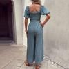 Women's Square Neck Jumpsuit Floral Puff Short Sleeve Wide Leg Pants Romper Summer Casual