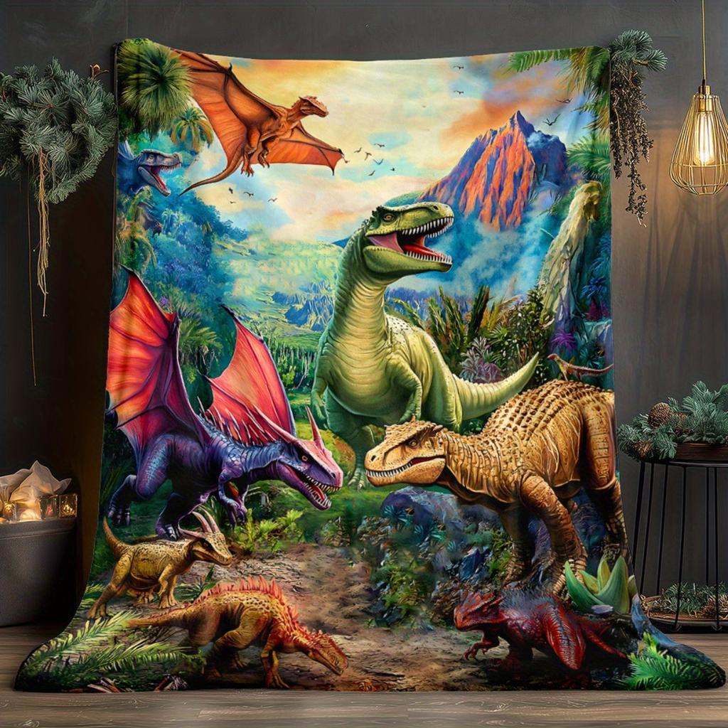 Dinosaur Prehistoric World Scene Fleece Blanket Kids Room Decor Soft Flannel Throw Bedding Gift for Dino Lovers Collectors