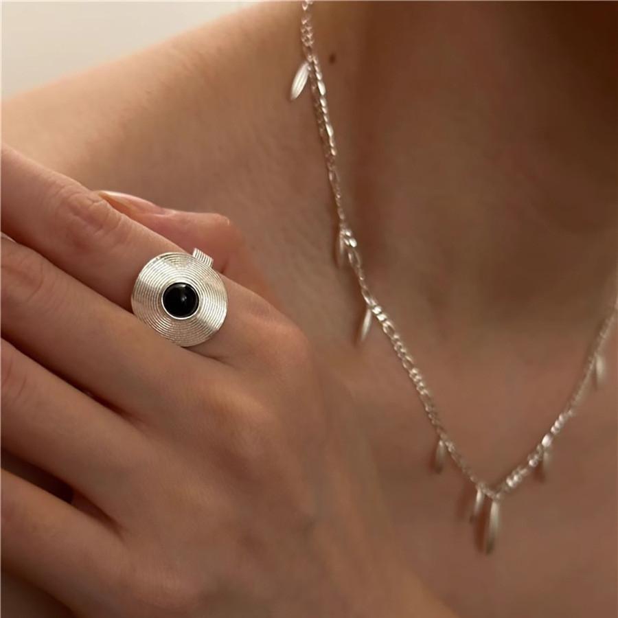 Womens Adjustable Elegant Black Agate Ring With Geometric Design In Style Minimalist