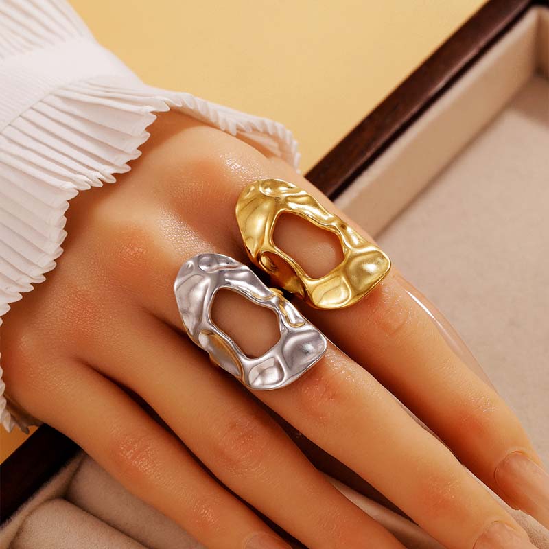 Stainless Steel Geometric Hollow Open Rings for Women Simple Gold Color Irregular Pleated Adjustable Finger Rings Jewelry Gifts