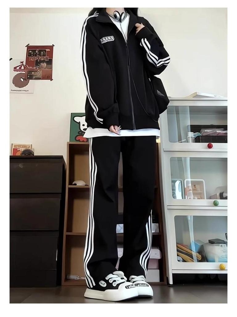 High-End Petite Women's Black Striped Velvet Sweatpants - Autumn/Winter Casual Wide-Leg Style