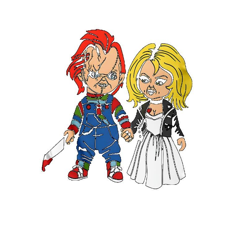 Chucky and Tiffany Cartoon T Shirt Black Horror Movie Characters Print Casual Wear for Men and Women