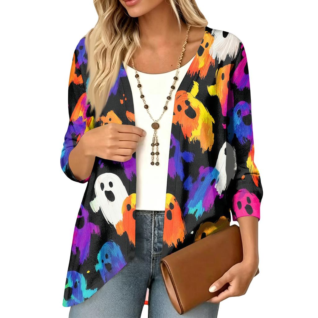 Women's Halloween Print 3/4 Sleeve Lightweight Loose Fit Cardigan for Casual Wear