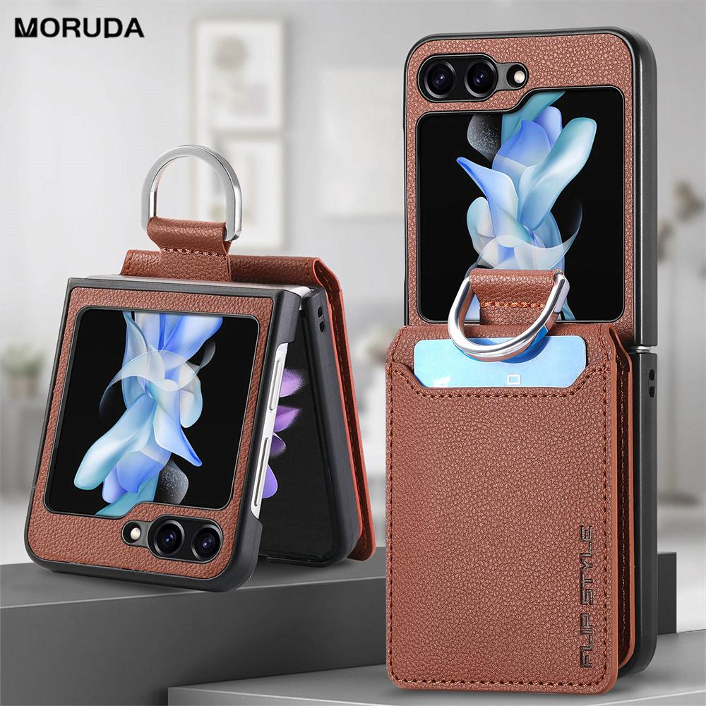 Custodia Portafoglio in Pelle con Motivo Litchi per Samsung Z Flip 5 4 3 2 7 Porta Carte Copertura per Galaxy Z Flip 4 6 Anello per Dita Custodia Morbida