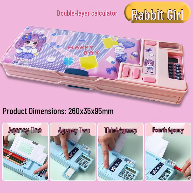 Creative Double-Sided Pencil Case with Calculator for Primary Students