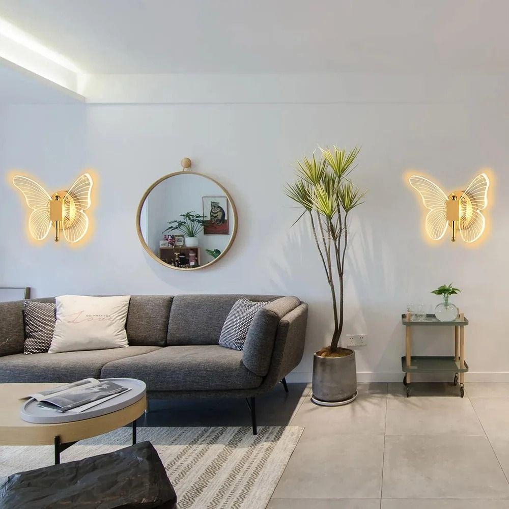 Tricolor Adjustment LED Butterfly Wall Lamp Metal Acrylic Bedside Lamp Living Room Staircase