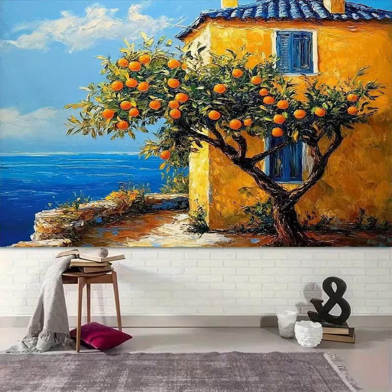 2D Vibrant Mediterranean Scenery Backdrop Orange Tree Yellow House & Sea Studio Background